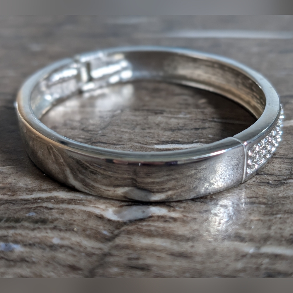 Silver Bangle Bracelet With Simulated Diamonds - image 2